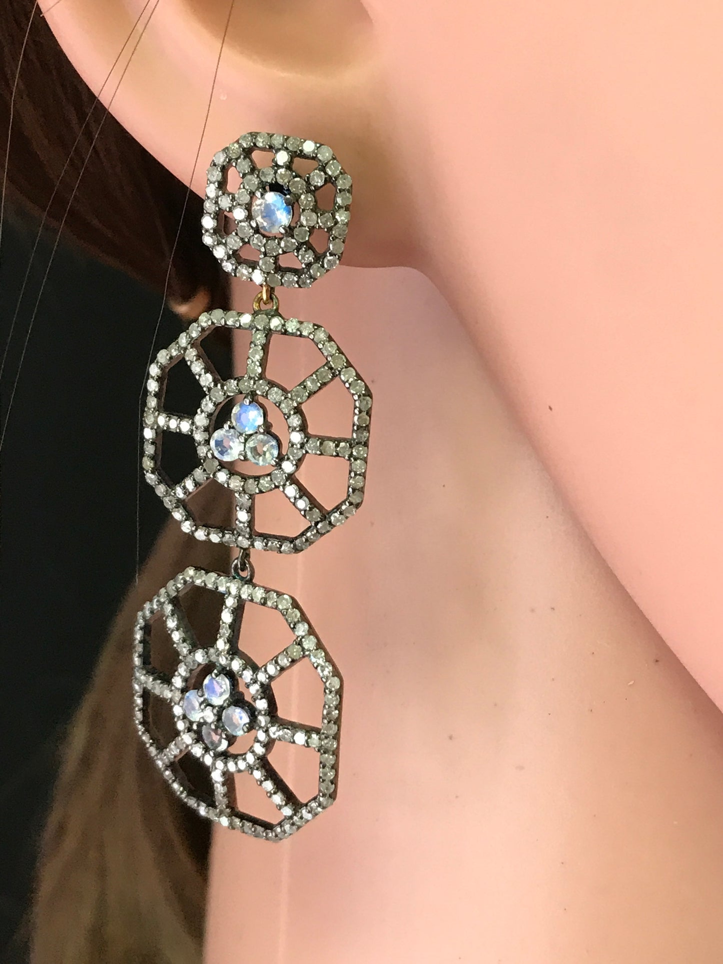 Diamond and Rainbow Moonstone Earring