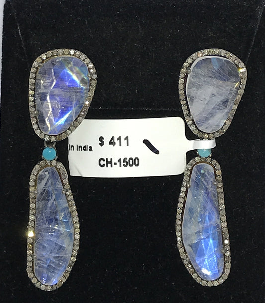 Rainbow Moonstone Rosecut Slice Diamond Earrings