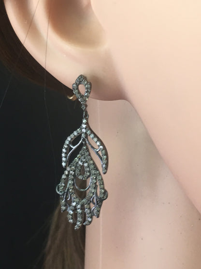 Diamond Silver Earring .925 Oxidized Sterling Silver Diamond Earring, Genuine handmade pave diamond Earring Size 1.80"(14 x 45 MM )