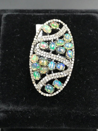 Oval Designer Diamond And Ethopian Opal Ring,Pave Diamond Ring,Diamond Ring,Pave Ring, Statement Ring, Oxidised Silver