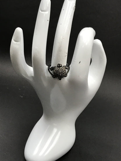 Diamond Turtle Diamond Ring, Pave Diamond Ring, Pave Turtle Ring, Approx 14 x 17mm. Sterling Silver