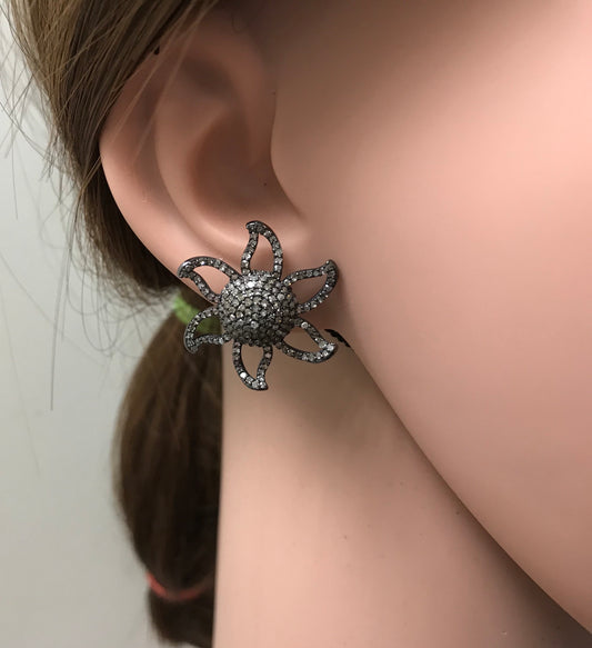 Flower pave Diamond and Silver Earrings