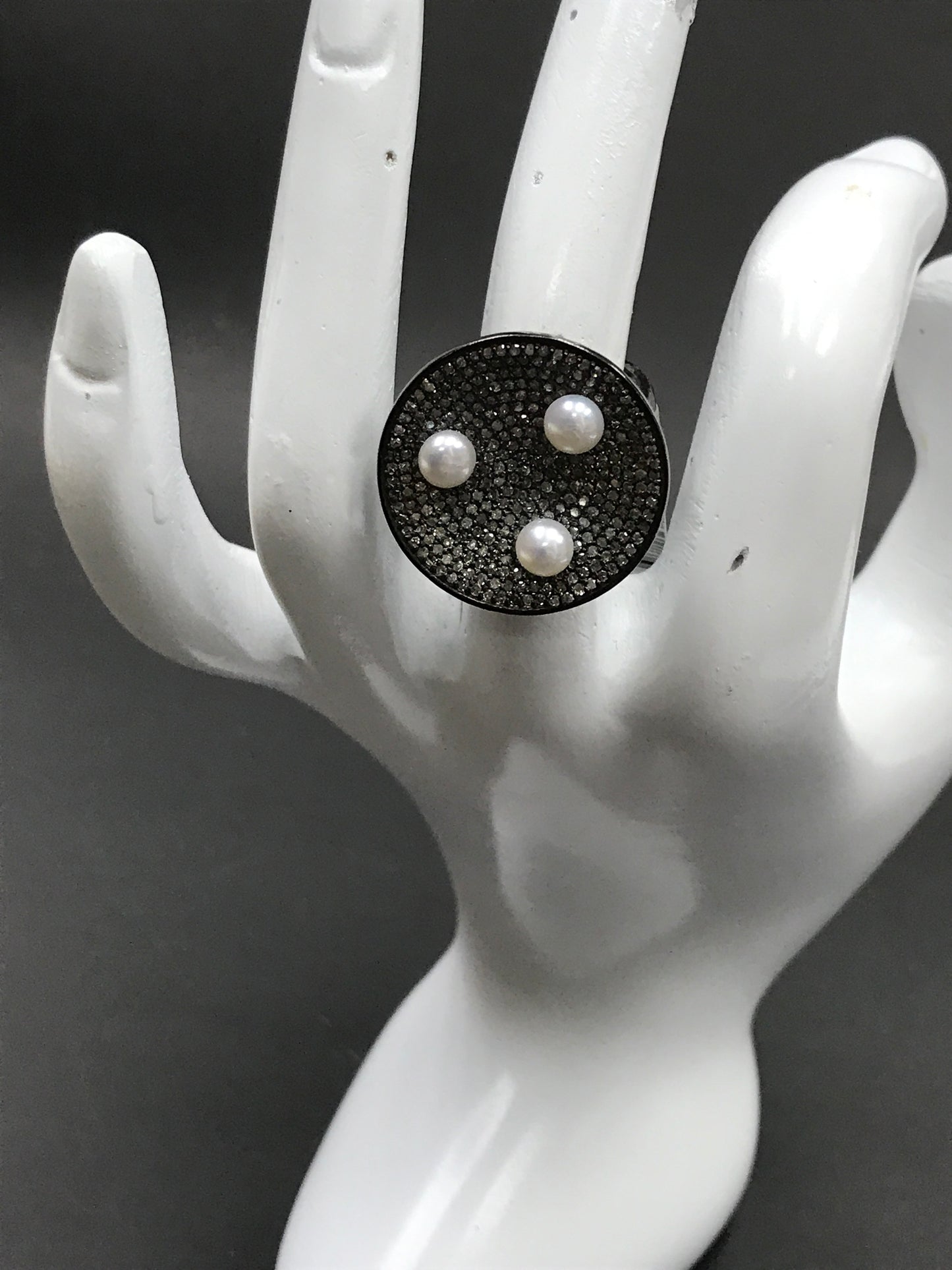 Diamond and Silver Pearl Black Rhodium Finish Ring