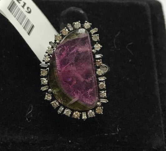 Tourmaline Watermelon and Diamond Ring