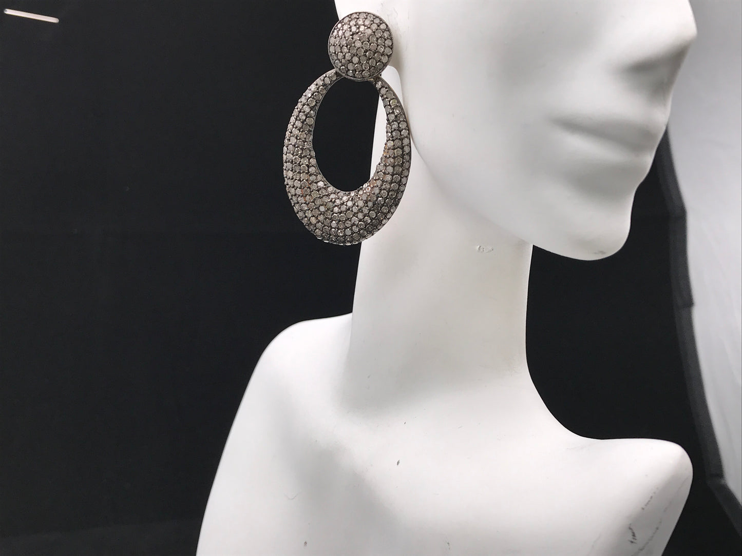 Oval Shape Silver Oxidized Earring with Diamonds