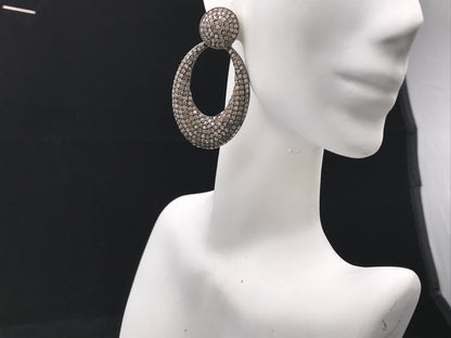 Oval Shape Silver Oxidized Earring with Diamonds