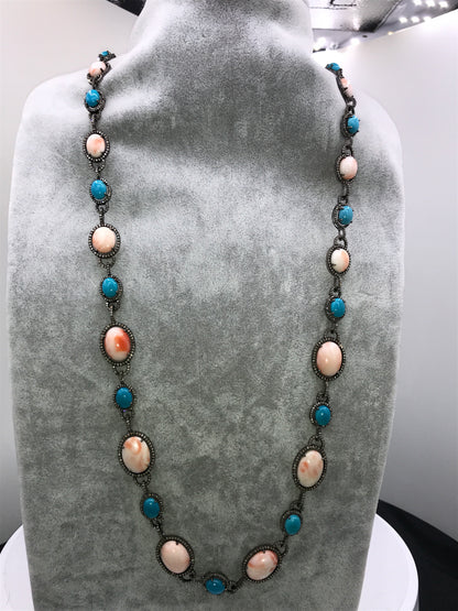 Pink Coral and Turquoise Natural Designer Necklace with Diamonds