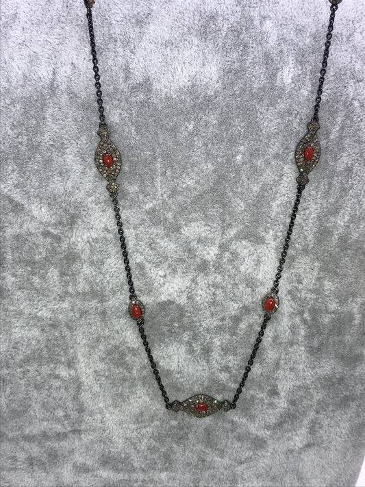 Coral and diamond silver chain necklace