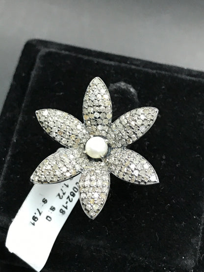 Flower Pave Diamond Ring .925 Oxidized Sterling Silver Diamond Ring, Genuine handmade pave diamond Ring Size Approx 1.60"(40 MM)