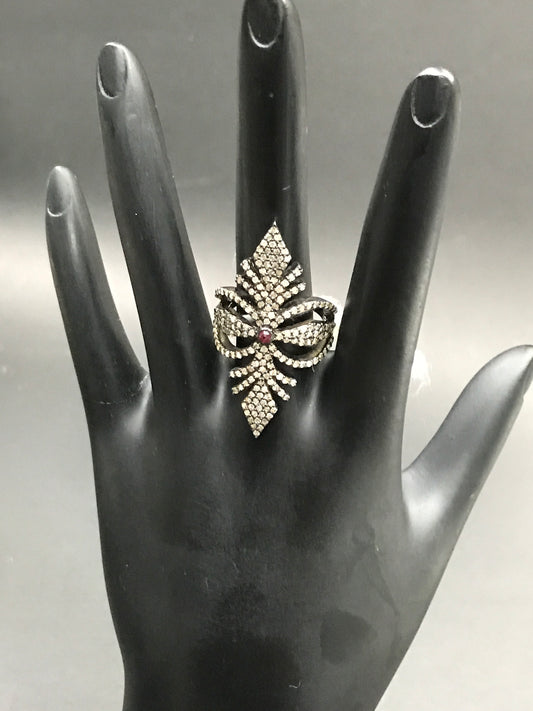 Pave Diamond Ring .925 Oxidized Sterling Silver Diamond Ring, Genuine handmade pave diamond Ring Size Approx 1.56"(22 x 39 MM)