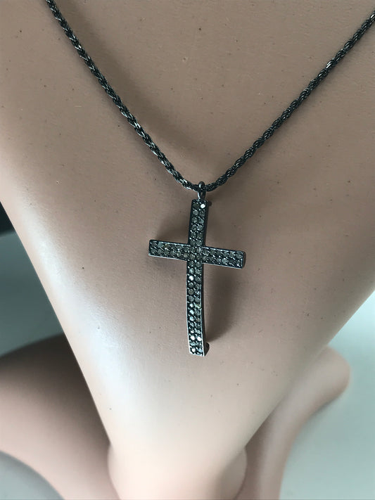 Pave Diamond Pendant, Pavé Cross Pendant, Diamond Cross Pendant, Pave Cross Charm, Approx 1.40''(21 x 35mm) Oxidized Silver