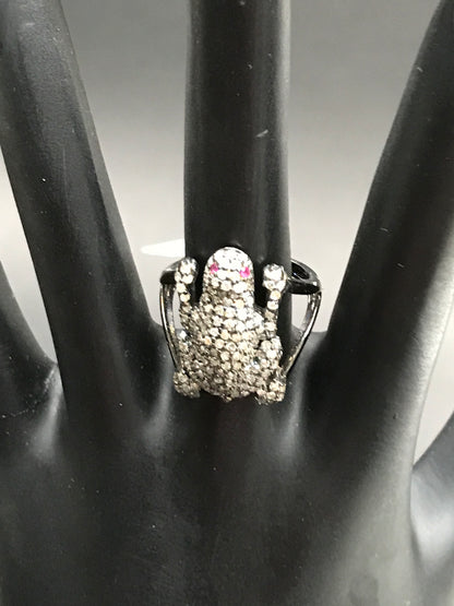 Diamond Frog with Ruby Red Eyes Diamond Ring, Pave Diamond Ring, Pave Double Frog with Ruby Red Eyes Ring, Approx 21 x 13mm