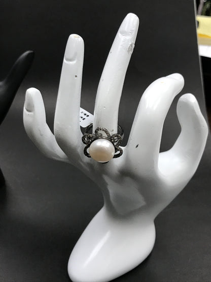 Diamond and Silver Pearl Black Rhodium Finish Rings