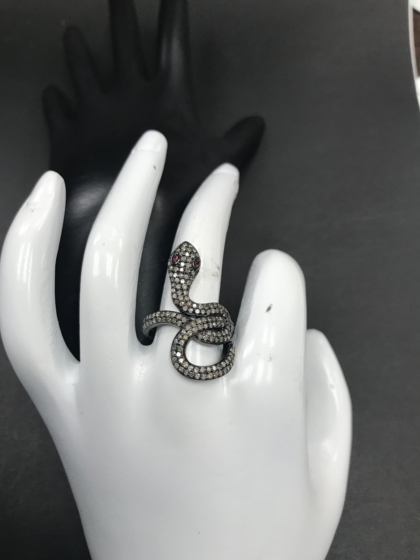 Snake Diamond and Ruby Silver Black Rhodium Finish Rings