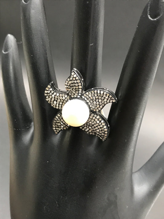 Flower Pave Diamond Ring .925 Oxidized Sterling Silver Diamond Ring, Genuine handmade pave diamond Ring Size Approx 1.20"(30 MM)