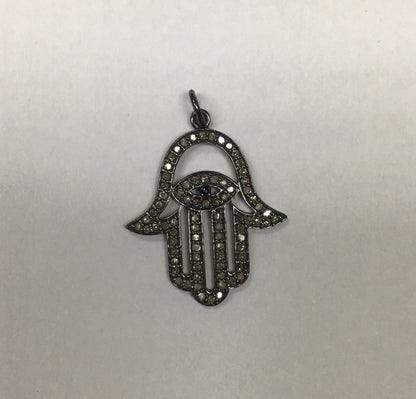 Diamond  Hamsa Hand with Blue Sapphire Pendant, Pave Diamond Pendant,  Hamsa Hand Necklace, Approx 27 x 22mm. Sterling Silver