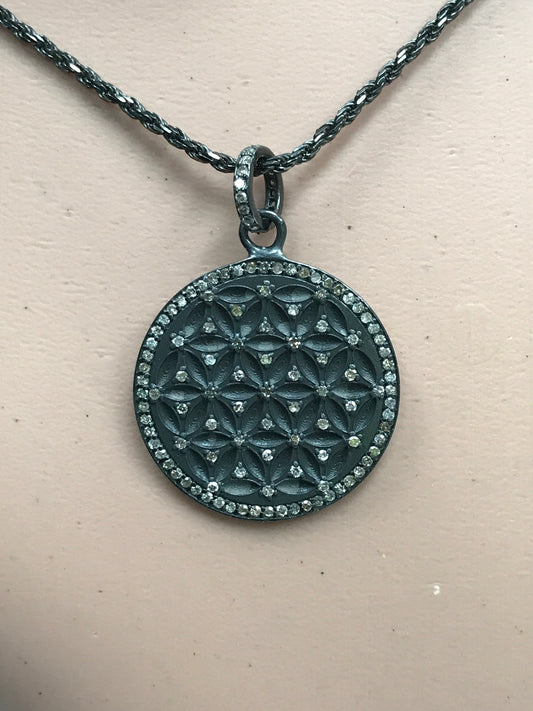 Round Shape Silver Pave Diamond Pendant .925 Oxidized Sterling Silver Diamond Pendant, Genuine handmade pave diamond Pendant Size 25 MM