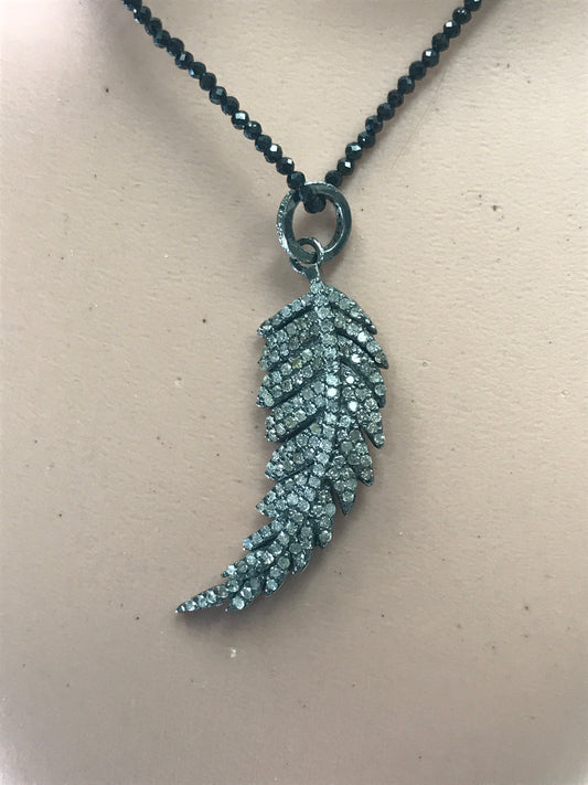 Fancy Feather Diamond Charm .925 Oxidized Sterling Silver Diamond Charms, Genuine handmade pave diamond Charm Size 14 x 47 MM