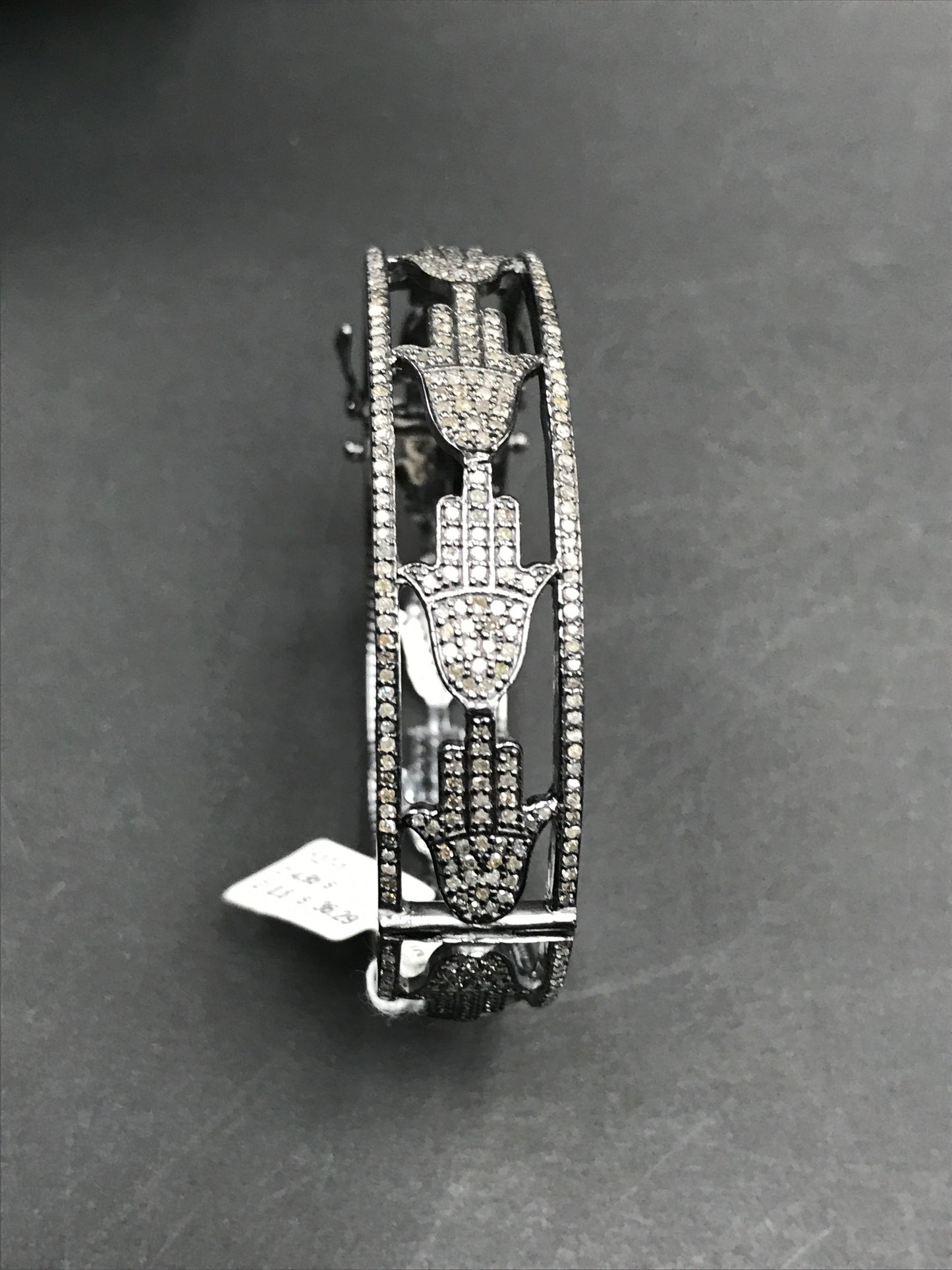 Hamsa Hand Diamond Silver Bracelet .925 Oxidized Sterling Silver Diamond Bracelet, Genuine handmade pave diamond Bracelet. Size 58 mm