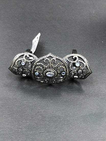 Diamond and Moon Stone Black Rhodium Finish Silver Rings