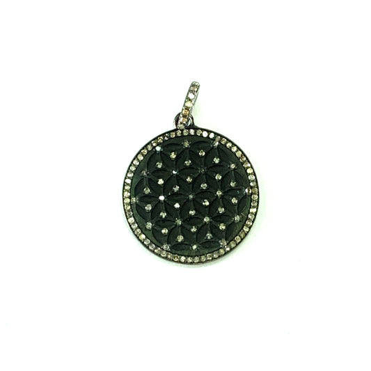 Round Shape Silver Pave Diamond Pendant .925 Oxidized Sterling Silver Diamond Pendant, Genuine handmade pave diamond Pendant Size 25 MM
