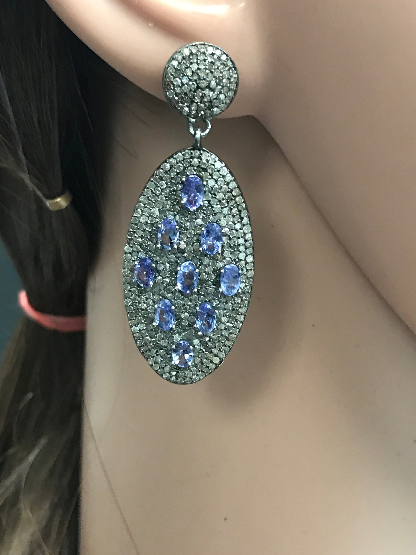 Oval Diamond Silver Earring .925 Oxidized Sterling Silver Diamond Earring, Genuine handmade pave diamond Earring Size 2.00"(50 x 19 MM )