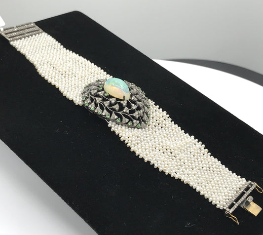Opal and Diamond Designer Bracelet with Pearl Woven