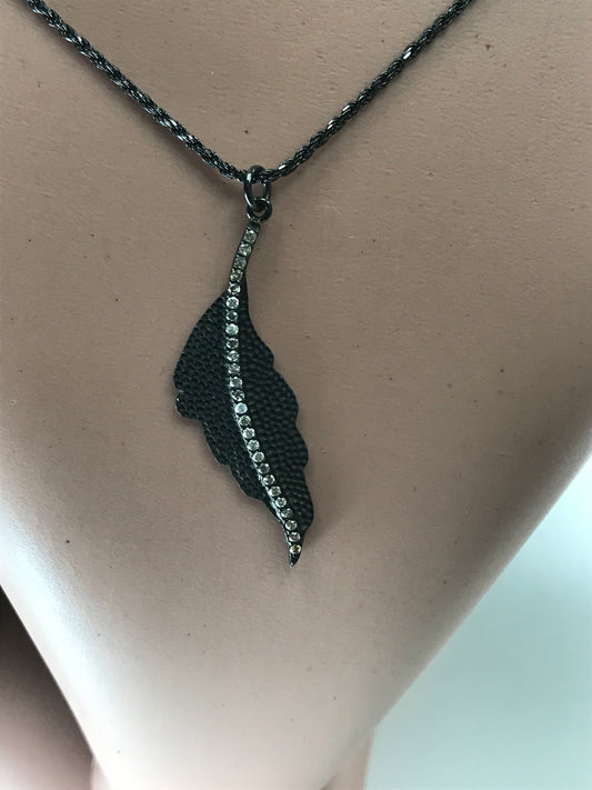Leaf Shape Diamond Pendant .925 Oxidized Sterling Silver Diamond Pendant, Genuine handmade pave diamond Pendant.