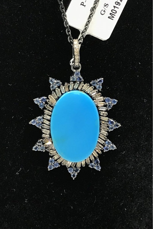 Turquoise natural with Diamond and Spphire Pendant