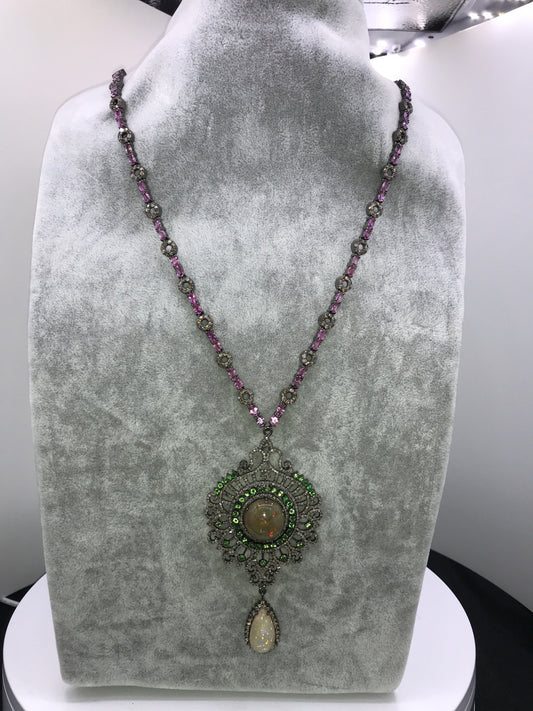 Opal And Diamond Designer Long Pendant Necklace