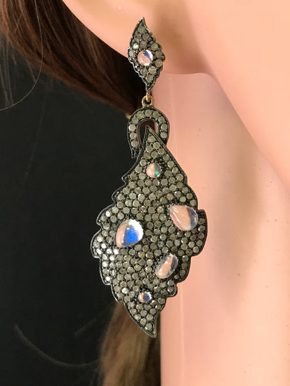 Diamond and Silver White Rainbow Moon Stone Black Rhodium Finish Earrings