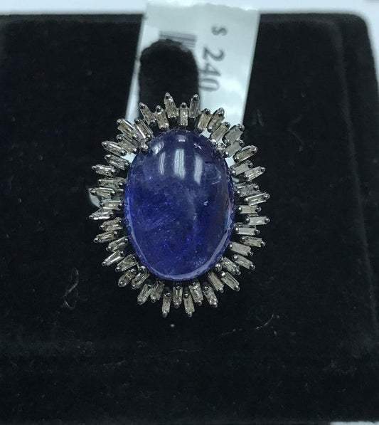 Tanzanite Oval Cabs Smooth Sterling Silver Diamond Ring