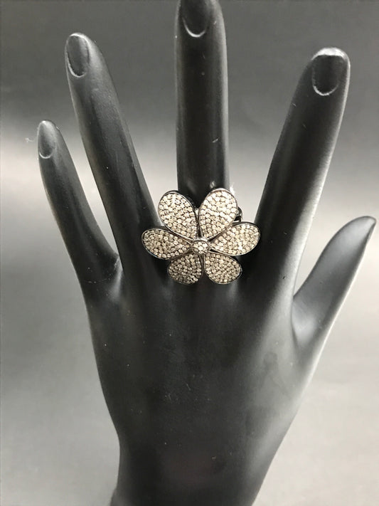 Diamond  Flower Diamond Ring, Pave Diamond Ring, Pave Flower Ring, Approx 29 x 29mm. Sterling Silver