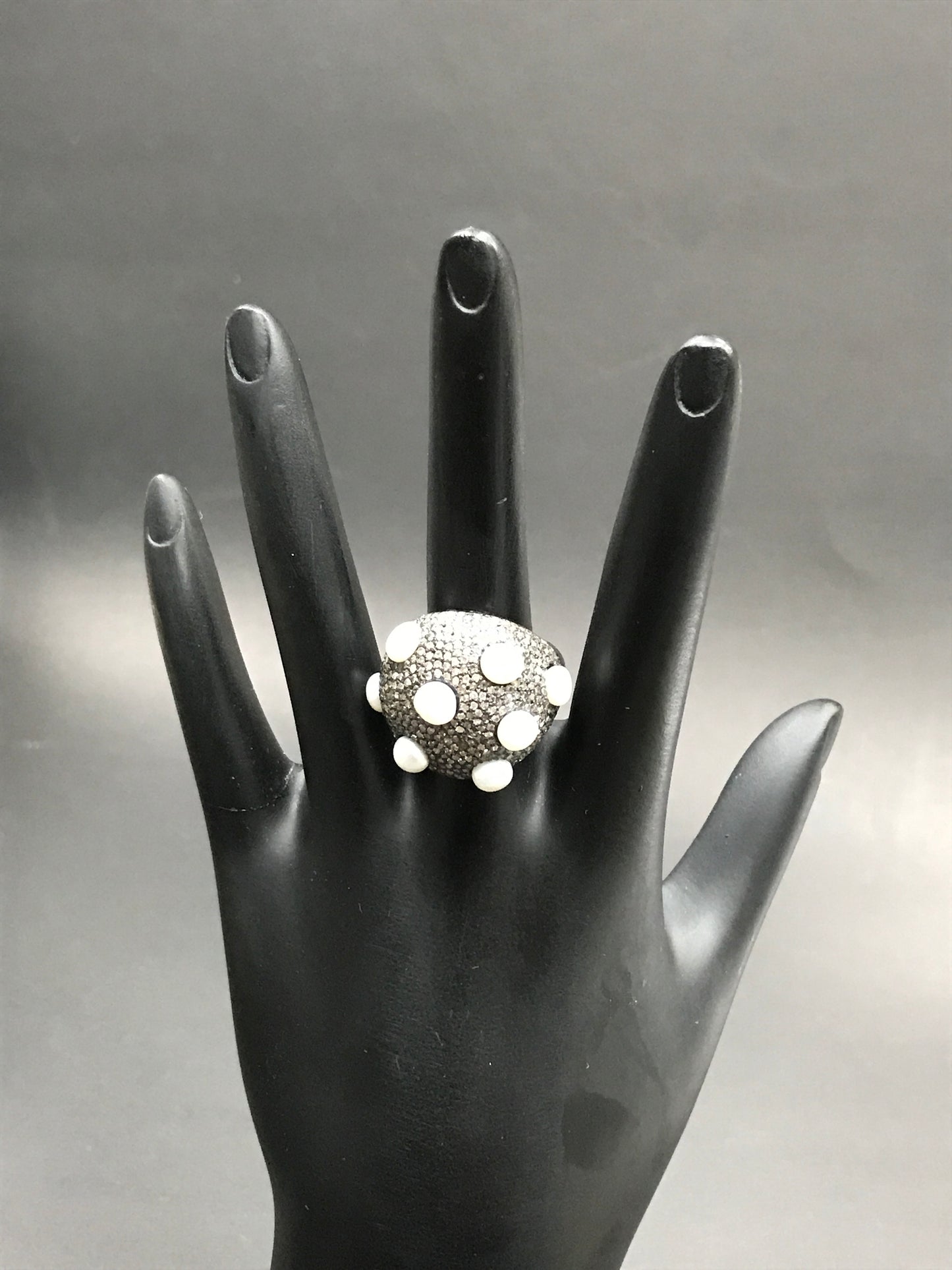 Diamond Dome Diamond Ring with Pearls, Pave Diamond Ring, Pave Dome Ring with Pearls, Approx 19 x 24mm. Sterling Silver