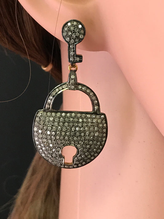 Key and Pad Lock Diamond Earrings,