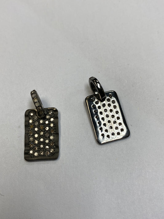 Rectangle Shape Silver Pave Diamond Pendant .925 Oxidized Sterling Silver
