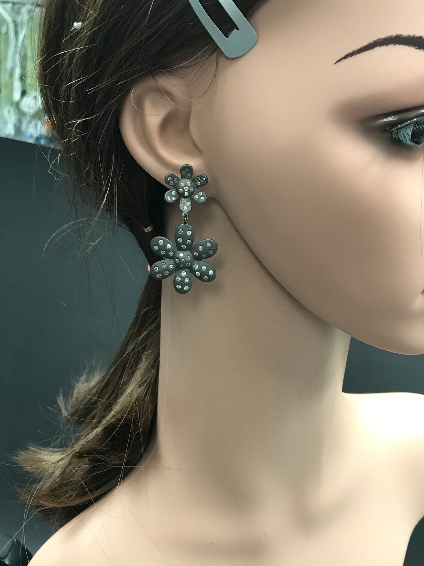 Flower Shape Diamond Earring .925 Oxidized Sterling Silver Diamond Earring, Genuine handmade pave diamond Earring.