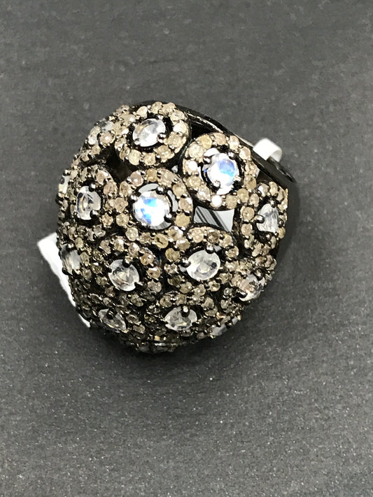 Diamond and Moonstone Silver Black Rhodium Finish Rings