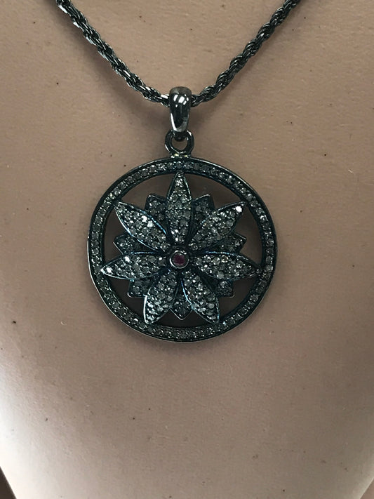 Flower on Disc Diamond Pendant