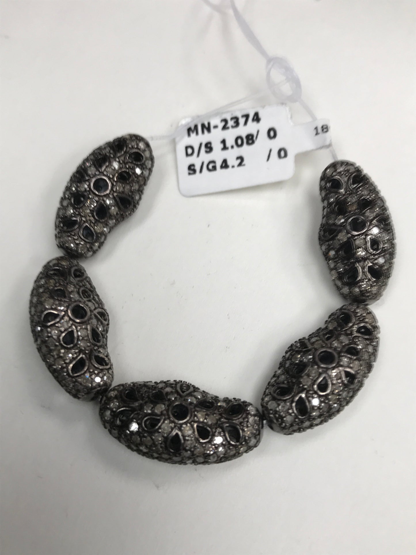 Long Nugget Shape Filigree Silver Pave Diamond Beads