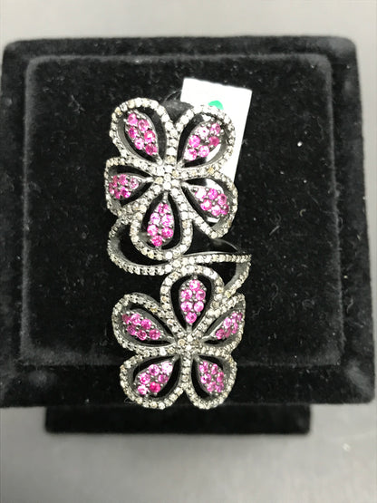 Double Flower Pave Diamond Ring .925 Oxidized Sterling Silver Diamond Ring, Genuine handmade pave diamond Ring Size Approx 1.76"(21 x 44 MM)