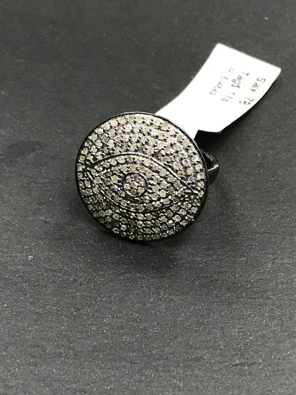 Diamond Oval Shape Eye Diamond Ring, Pave Diamond Ring,Pave Round Shapre Eye Ring, Appx 19 x 19mm. Sterling Silver