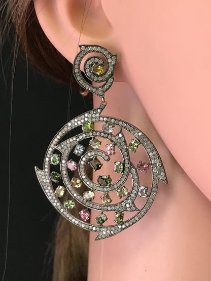 Diamond and Silver Multi Tourmaline Black Rhodium Finish Earring