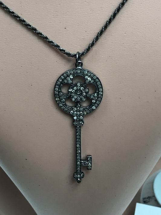 Key Shape Diamond Charm .925 Oxidized Sterling Silver Diamond Charms, Genuine handmade pave diamond Charm Size Approx 2.00"(20 x 50 MM)