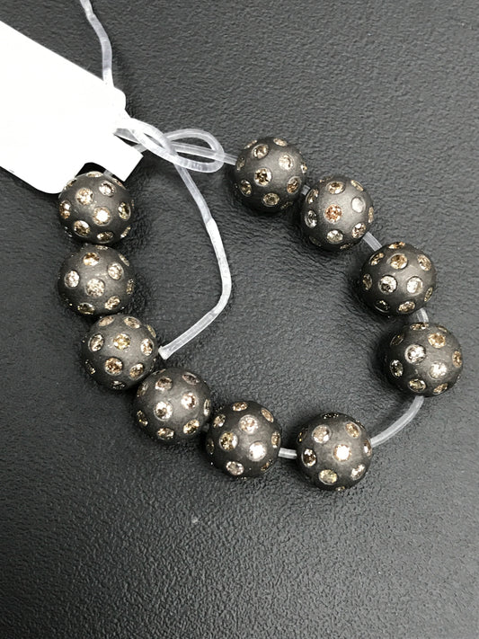 Round Pave Diamond Bead .925 Oxidized Sterling Silver Diamond Beads, Genuine handmade pave diamond Beads.