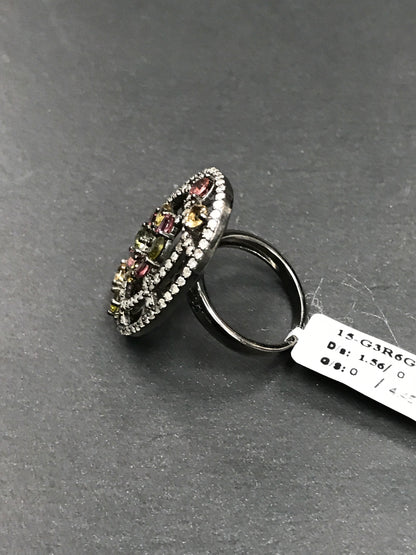Diamond and Multi Tourmaline Silver Black Rhodium Finish Rings