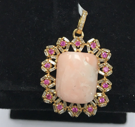 Pink Coral with Ruby and Diamond Pendant