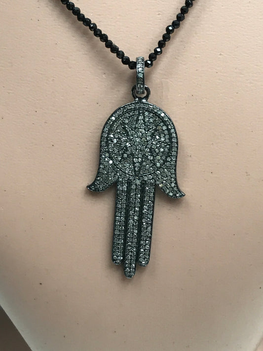 Hand Diamond Pendant .925 Oxidized Sterling Silver Diamond Pendant, Genuine handmade pave diamond Charm Size Approx 1.60"(23 x 40 MM)