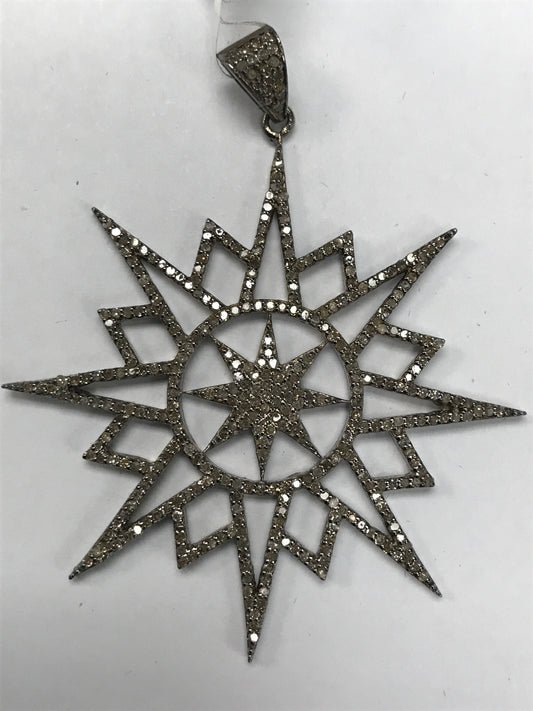 Sun Burst Diamond Charm .925 Oxidized Sterling Silver Diamond Charm, Genuine handmade pave diamond Charm Size Approx (48 MM)