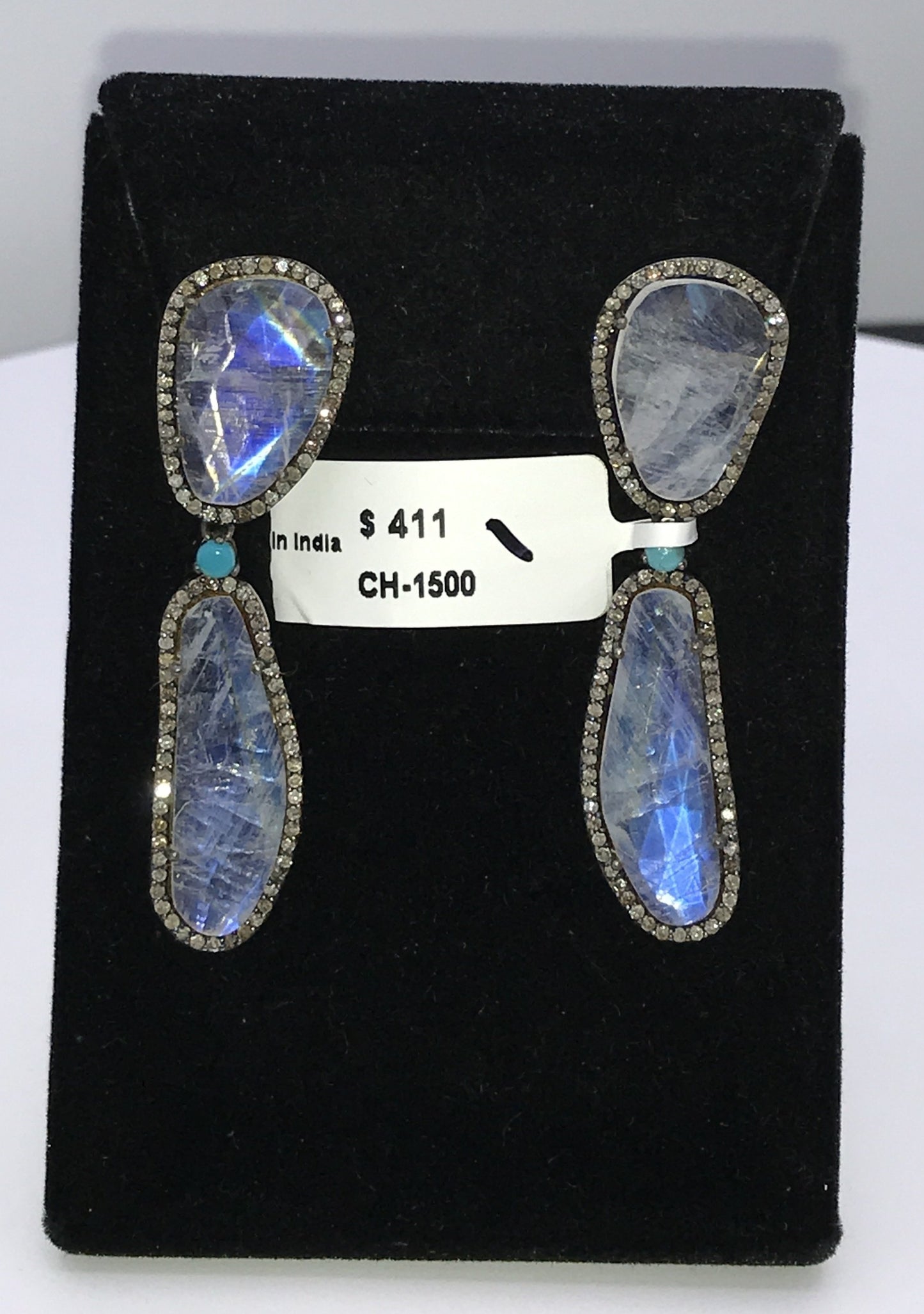 Rainbow Moonstone Rosecut Slice Diamond Earrings